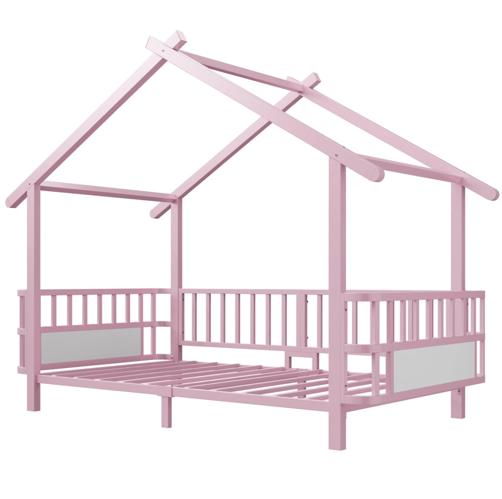 Letto a forma di casa 90x200 cm con sponde di sicurezza in metallo rosa
