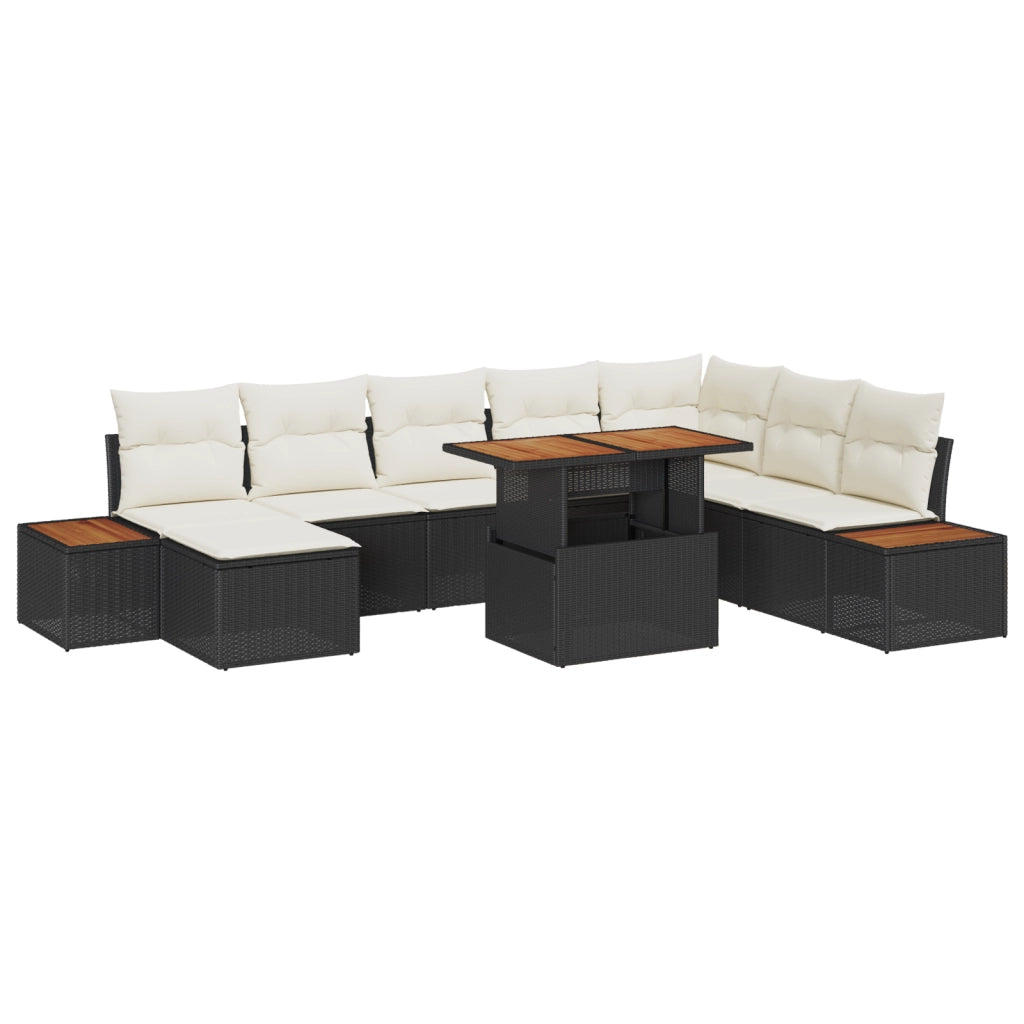 Set divano da giardino 9 pezzi con cuscini in polyrattan nero