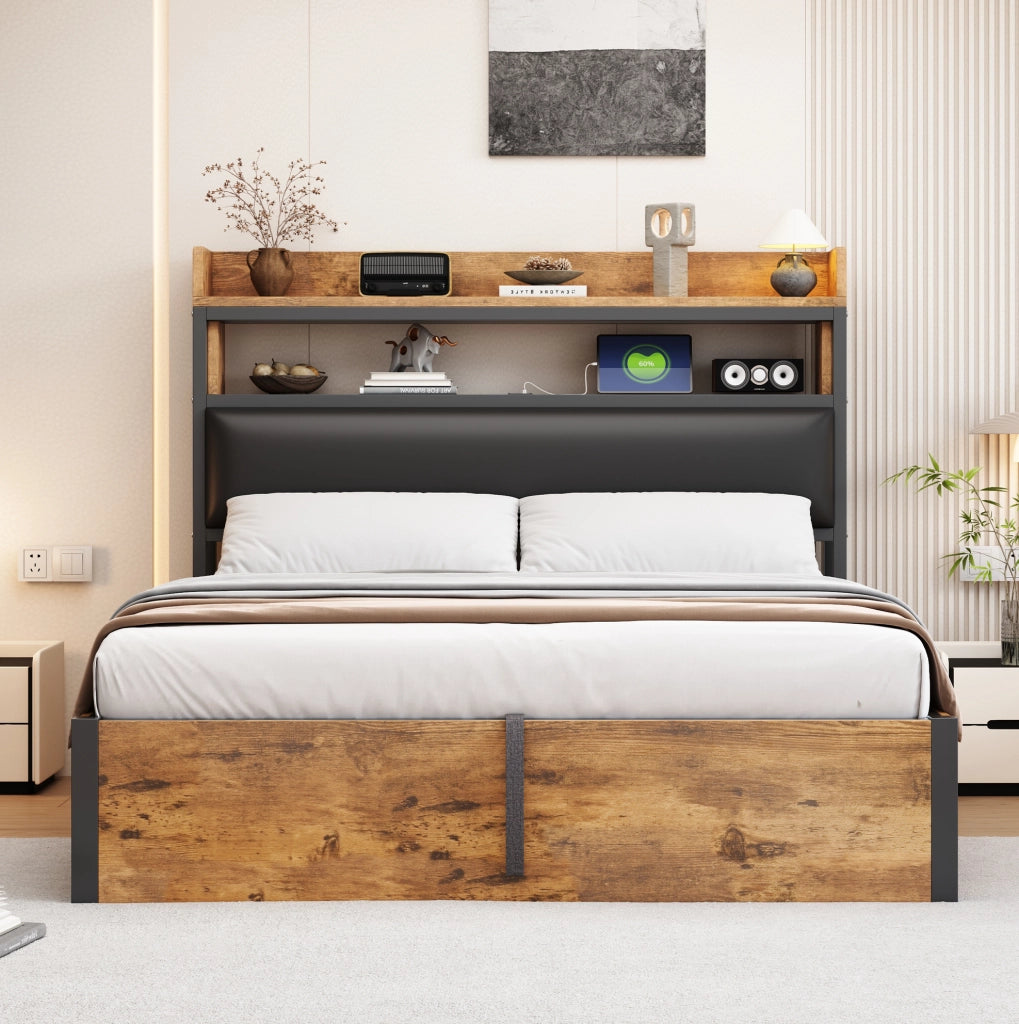 Letto contenitore 140x200 cm con USB e testiera con vano; nero