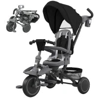 Triciclo per Bambini 6 in 1 con Maniglione di Spinta e Sedile Girevole, 111.5x52x98 cm, Nero