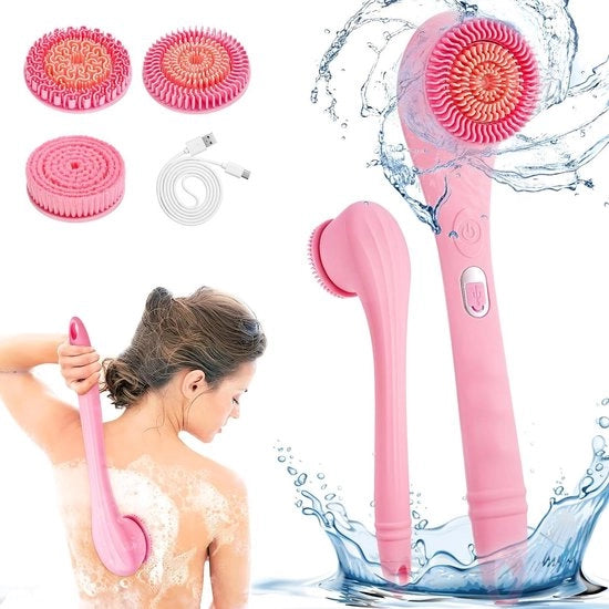 Doucheschiuma Elettrica Ricaricabile con Manico - 3 Teste di Pulizia - 2 Velocità - Impermeabile - Manico Lungo - Per Pulizia e Peeling della Pelle