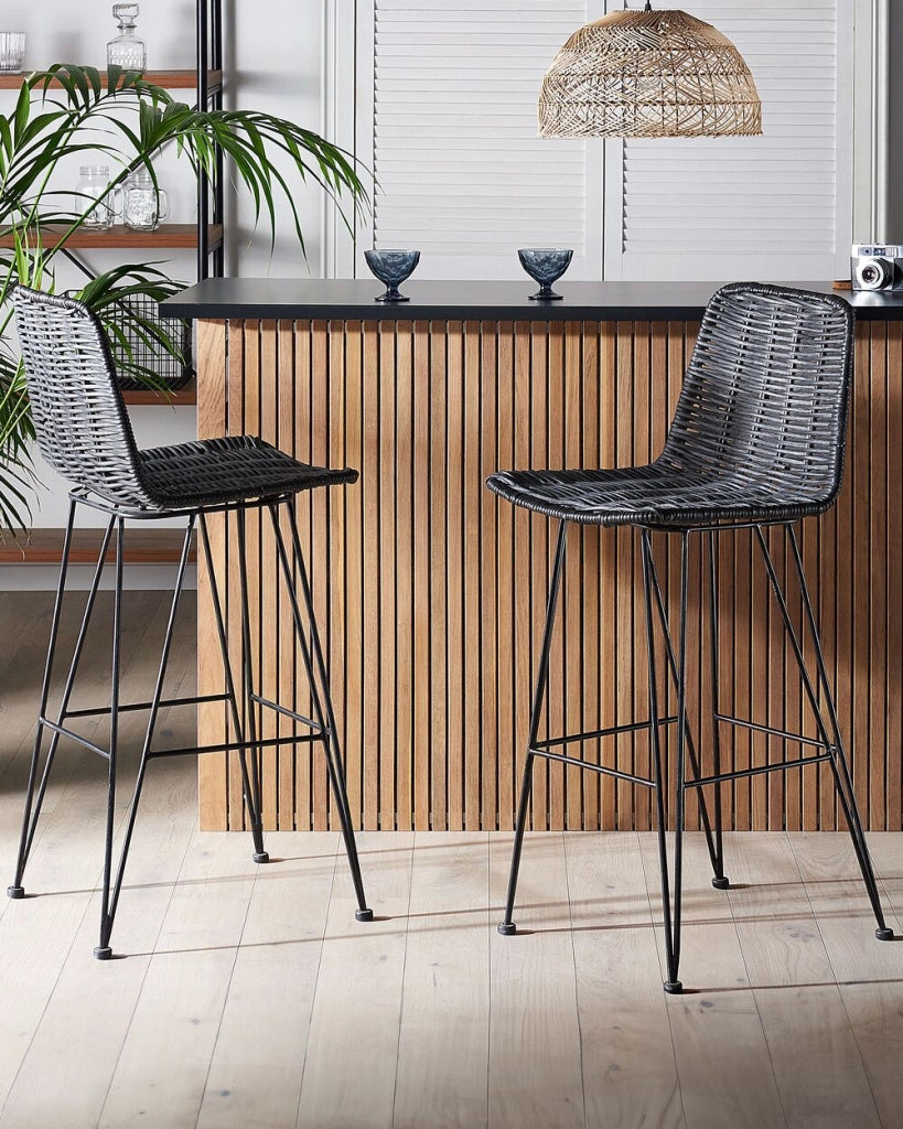 Set di sedie da bar per cucina e sala da pranzo in rattan rustico boho nero