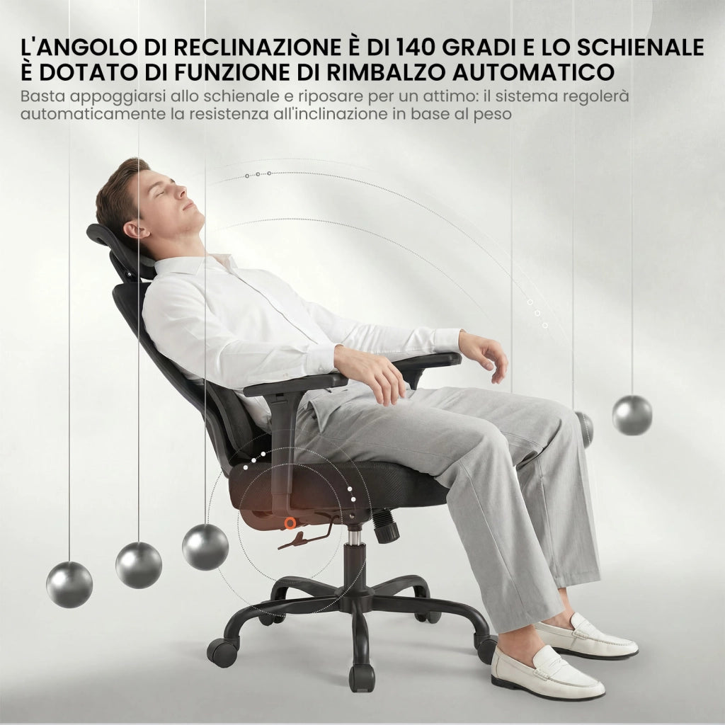 Sedia da ufficio ergonomica con supporto lombare regolabile, braccioli ribaltabili, base girevole per il gaming e portata massima di 150 kg.