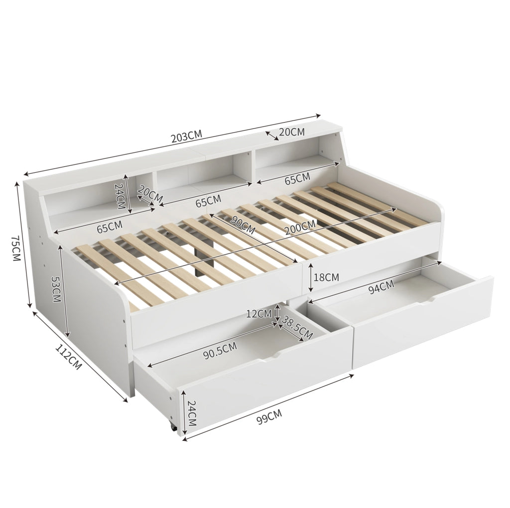 LETTO Daybed 90x200 cm con 2 cassetti e vani contenitore Bianco