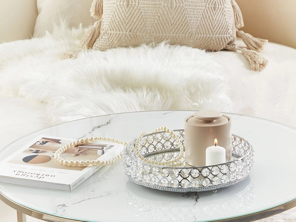 Vassoio decorativo argentato in ferro e vetro specchiato rotondo con strass da tavolo con i glamour