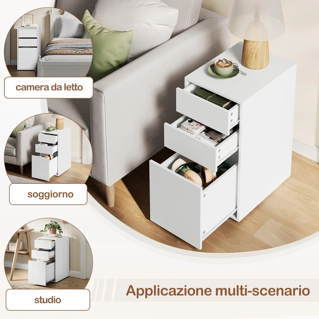 Comodino con 3 Cassetti di 2 Dimensioni, Cassettiera Bianco, 30x40x60 cm, Tavolino da Divano in Legno, Schedario, per Camera da Letto, Soggiorno, Corridoio, NTS17ws