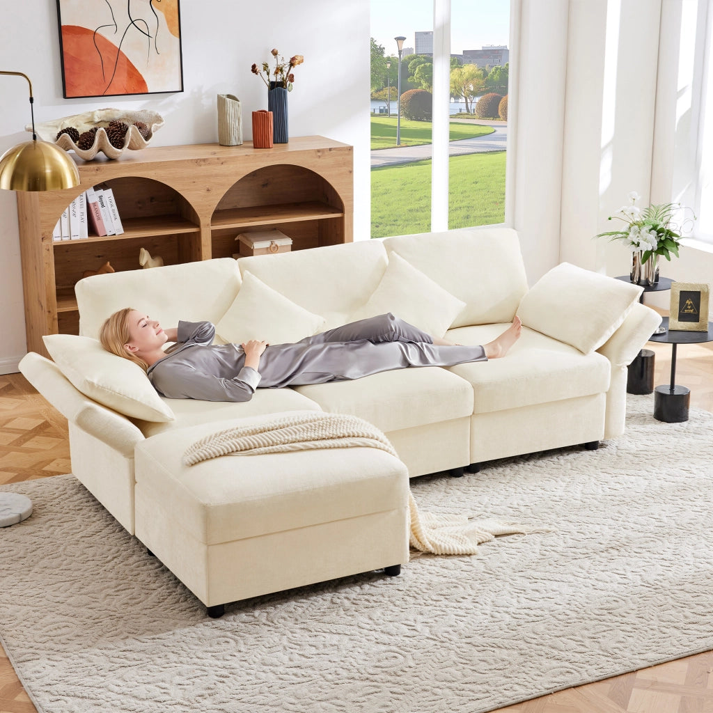 Divano angolare modulare con pouf, 4 cuscini e braccioli regolabili, in ciniglia beige 218 × 156,5 × 86 cm