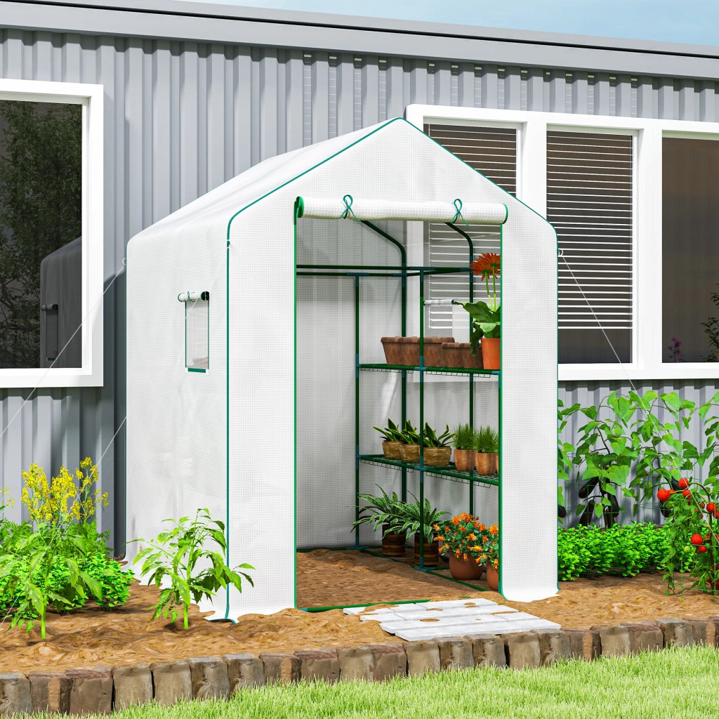 Serra da Giardino con 1 Porta 2 Finestre e Scaffali 3 Livelli ¨C Zephmum ¨C Bianco 140x143x190 cm