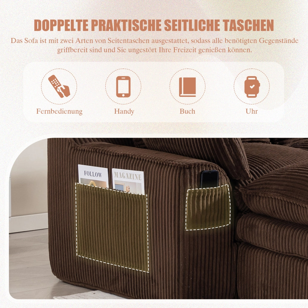 DIVANO Modulare 3 Posti 263x167x85 cm Tessuto a coste Marrone