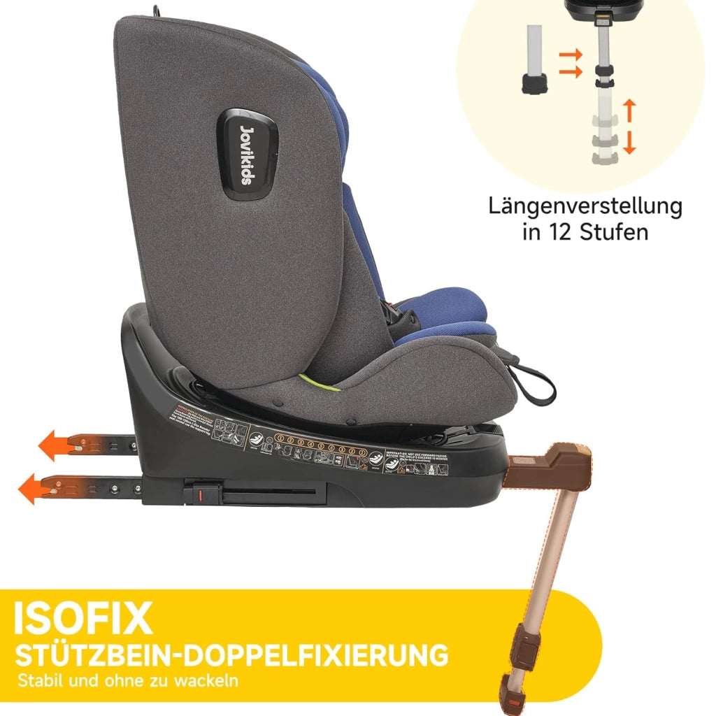 Seggiolino auto per bambini girevole 360° i-Size ISOFIX con reclinazione e capottina in tessuto blu