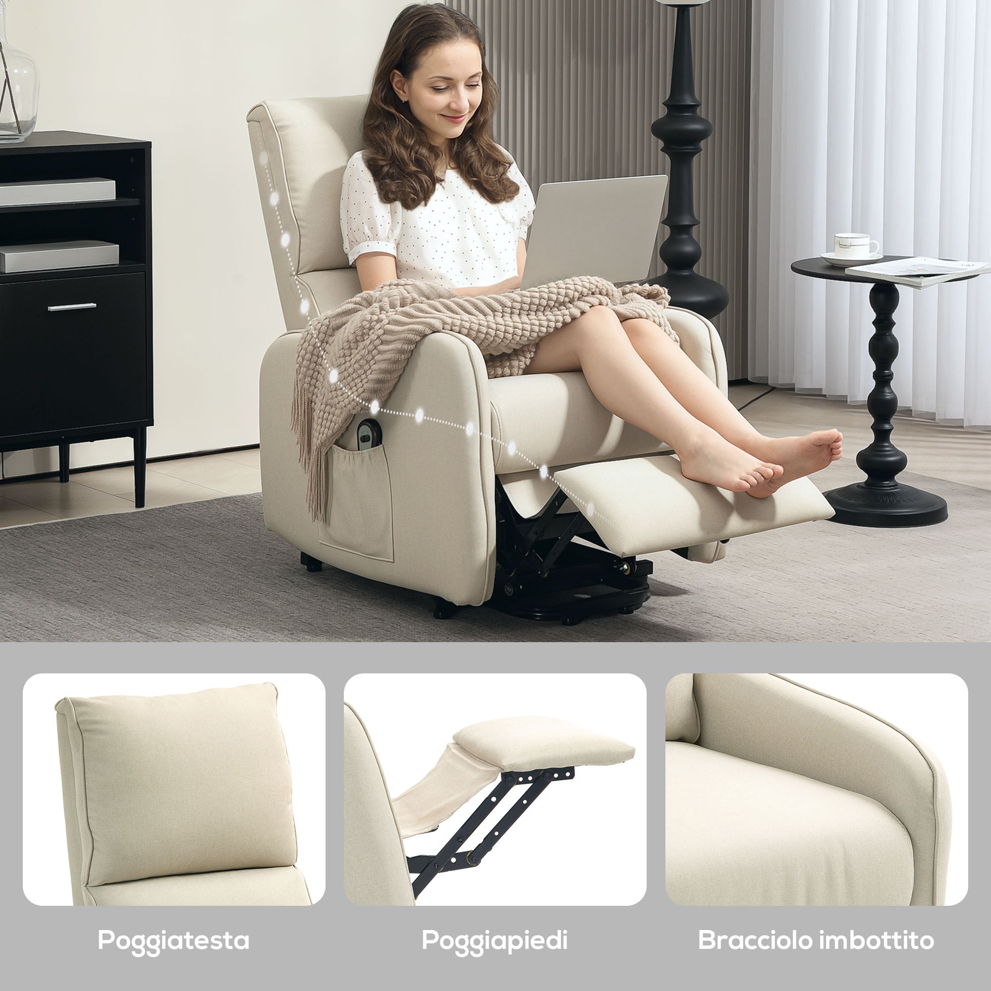 Poltrona Alzapersona Elettrica Reclinabile con Telecomando e Tasca in Tessuto Beige