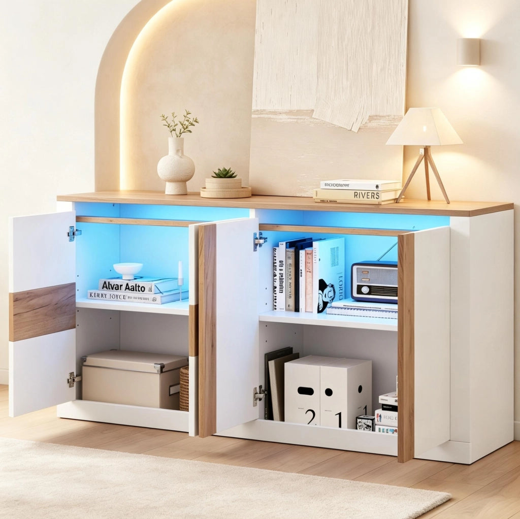 Credenza LED 140x35x70 cm in MDF bianco lucido e rovere naturale con 4 ante