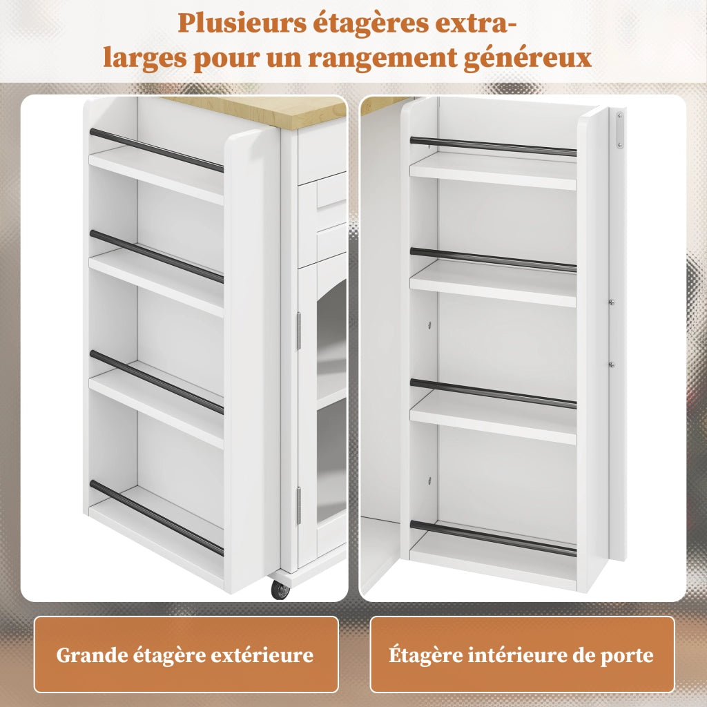 Carrello da Cucina con 2 Ante in Vetro; 2 Cassetti; Piano Ribaltabile e 5 Ruote; in MDF; 120 x 45(70) x 90 cm