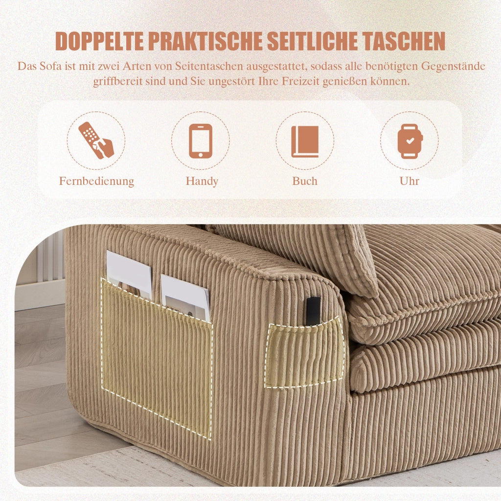 Divano modulare a 3 posti con pouf, cuscini, tasche laterali e struttura a molle in tessuto corduroy khaki