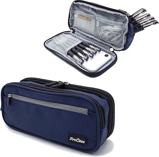 Pen case con 2 strati, per utensili da scrivere, grande capacità, utensili da scrivere con chiusura a zip doppia, per studenti e dipendenti amministrativi, Blu scuro, Classico e pratico