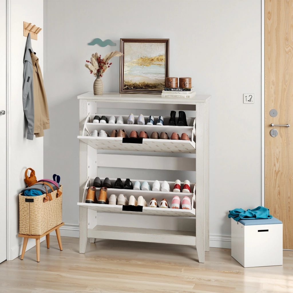 Scarpiera con 2 ante ribaltabili e vano aperto, stile farmhouse, con antiribaltamento, per ingresso, in MDF, bianco