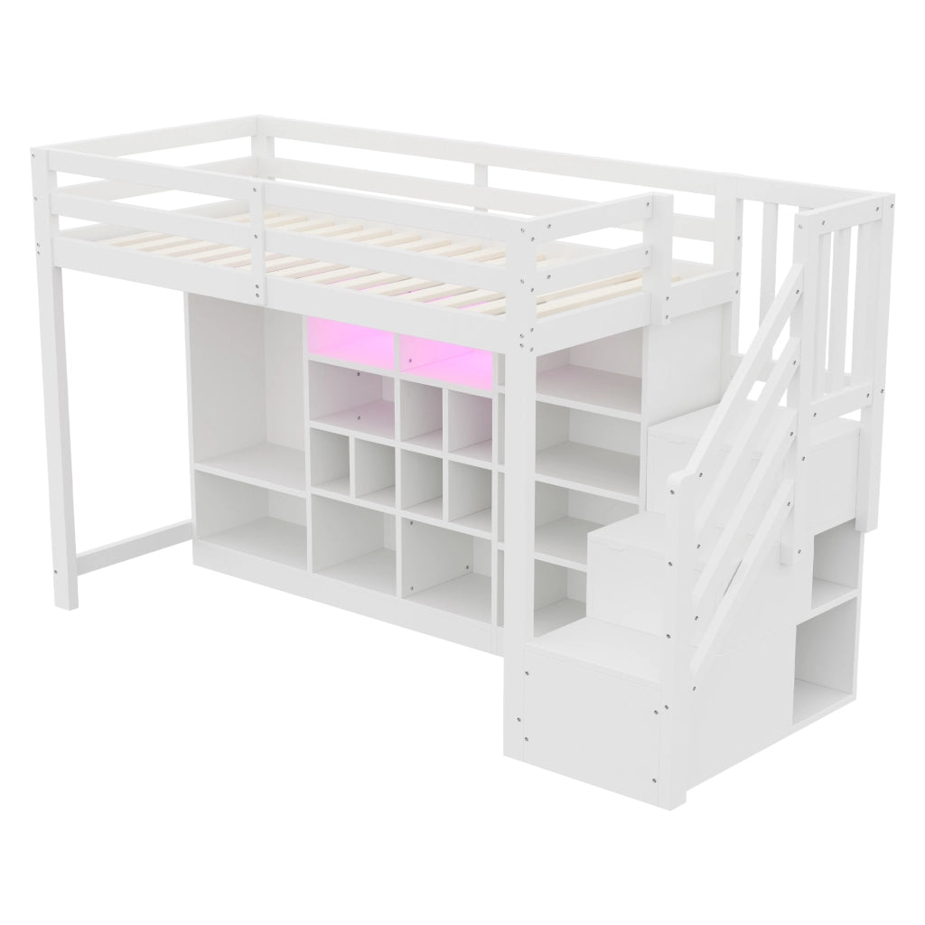 OKWISH Letto a Soppalco Singolo con Contenitore, Scaffali, Armadio e LED, 90 x 200 cm, senza Materasso, Bianco