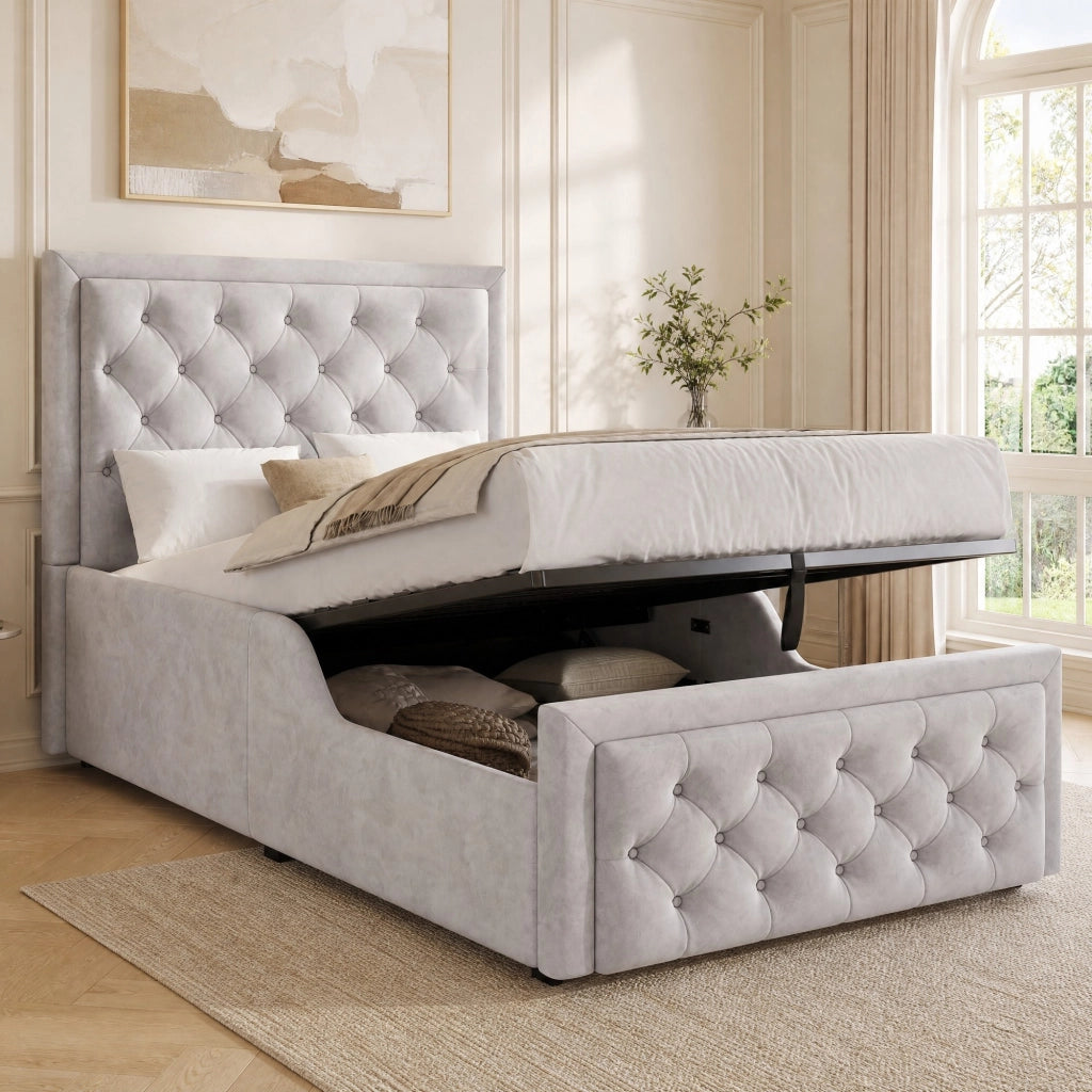 Letto Singolo 90 x 200 cm; con contenitore idraulico; testiera imbottita; velluto grigio