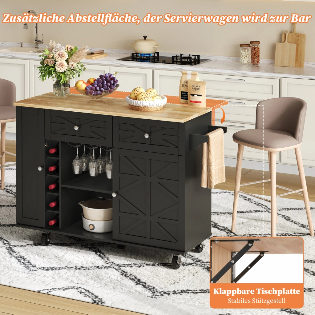 Carrello cucina con piano ribaltabile 120x45(70)x89 cm in MDF nero
