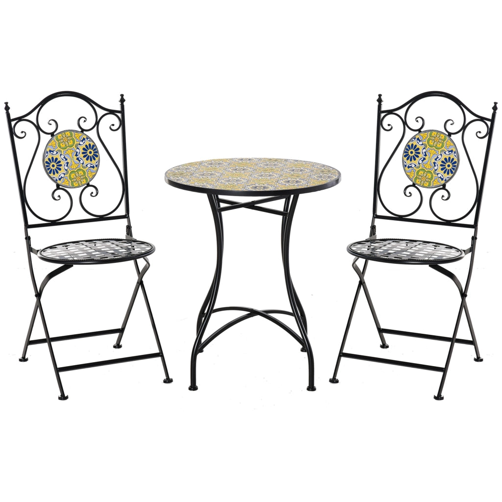 EasyComfort Set Tavolo e Sedie da Balcone 3 Pezzi, Set da Giardino Pieghevoli in Metallo con Maioliche Colorate, Multicolore