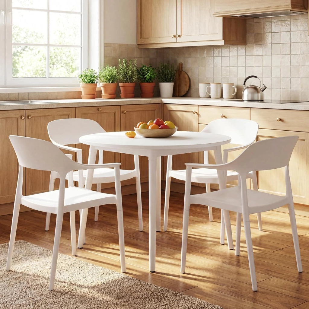 Sedia da Pranzo in Plastica, Sedia da Cucina Ergonomica con Schienale Cavo e Braccioli Comodi, Portata 150 kg, Poltrona da Tavolo Impilabile per Soggiorno, Ufficio e Sala da Pranzo (Bianco,4)