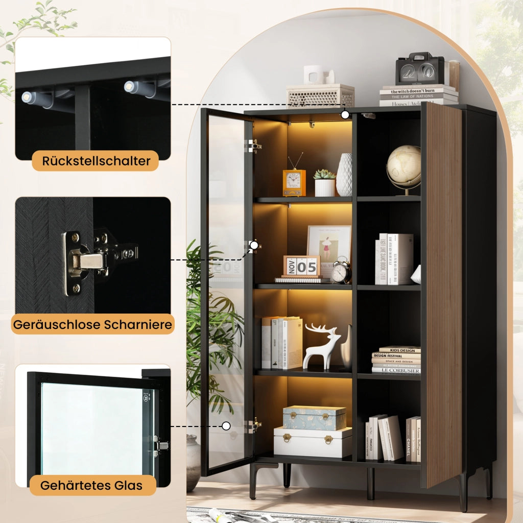 Vetrina con 2 ante e 8 vani, LED RGB controllato da app, per soggiorno, in MDF, nero naturale, 90 × 40 × 135 cm