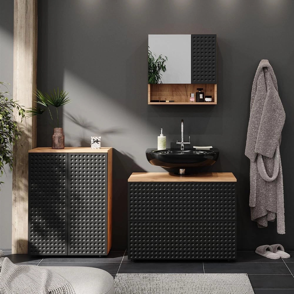 Set mobili bagno Irma, Antracite puntinato, 80 cm, composto da mobile sottolavabo, specchiera e mobile medio