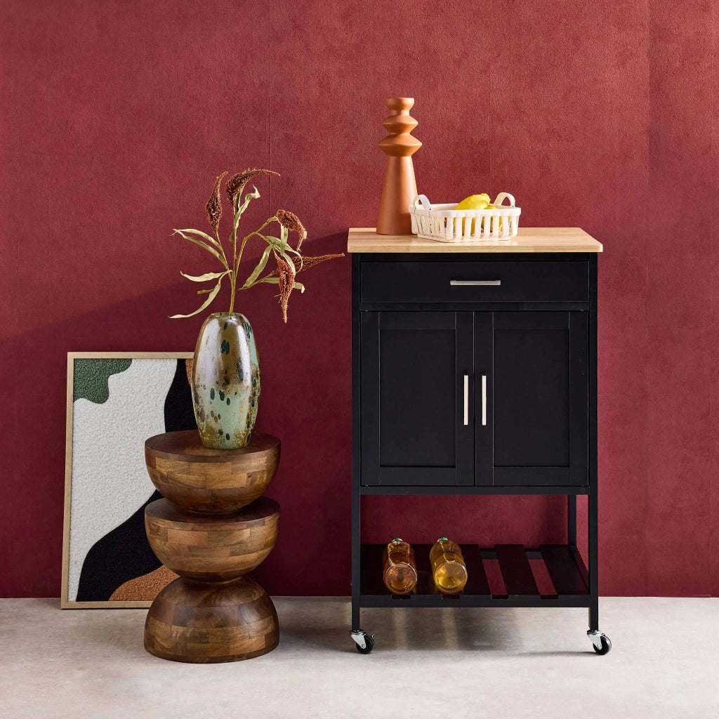 Carrello da cucina in legno di gomma con 2 ripiani, 56cm , nero