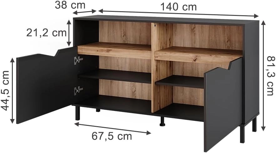 Credenza Marelle, Antracite/Artisan, 140 x 81.3 cm con 2 porte