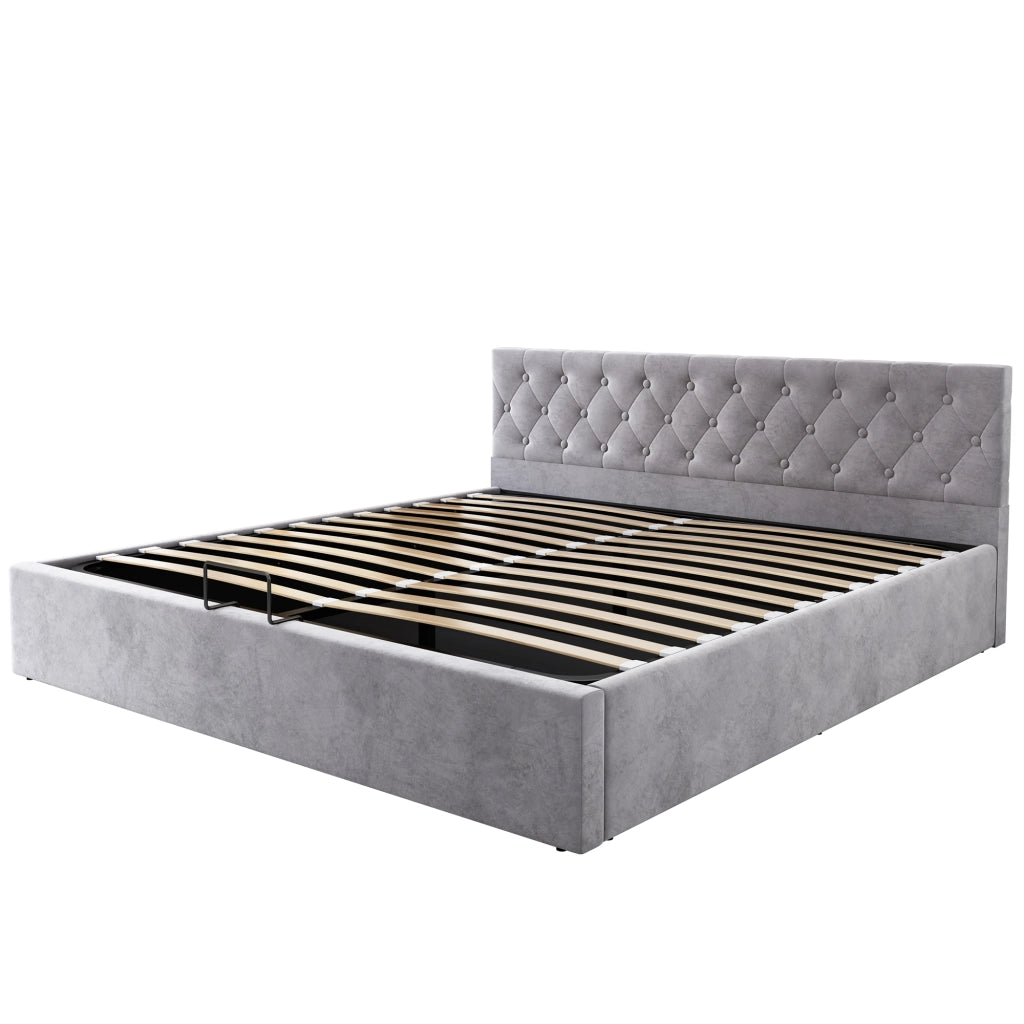 Letti contenitori 180x200 cm contenitore idraulico; testiera capitonné; velluto grigio (Senza materasso)