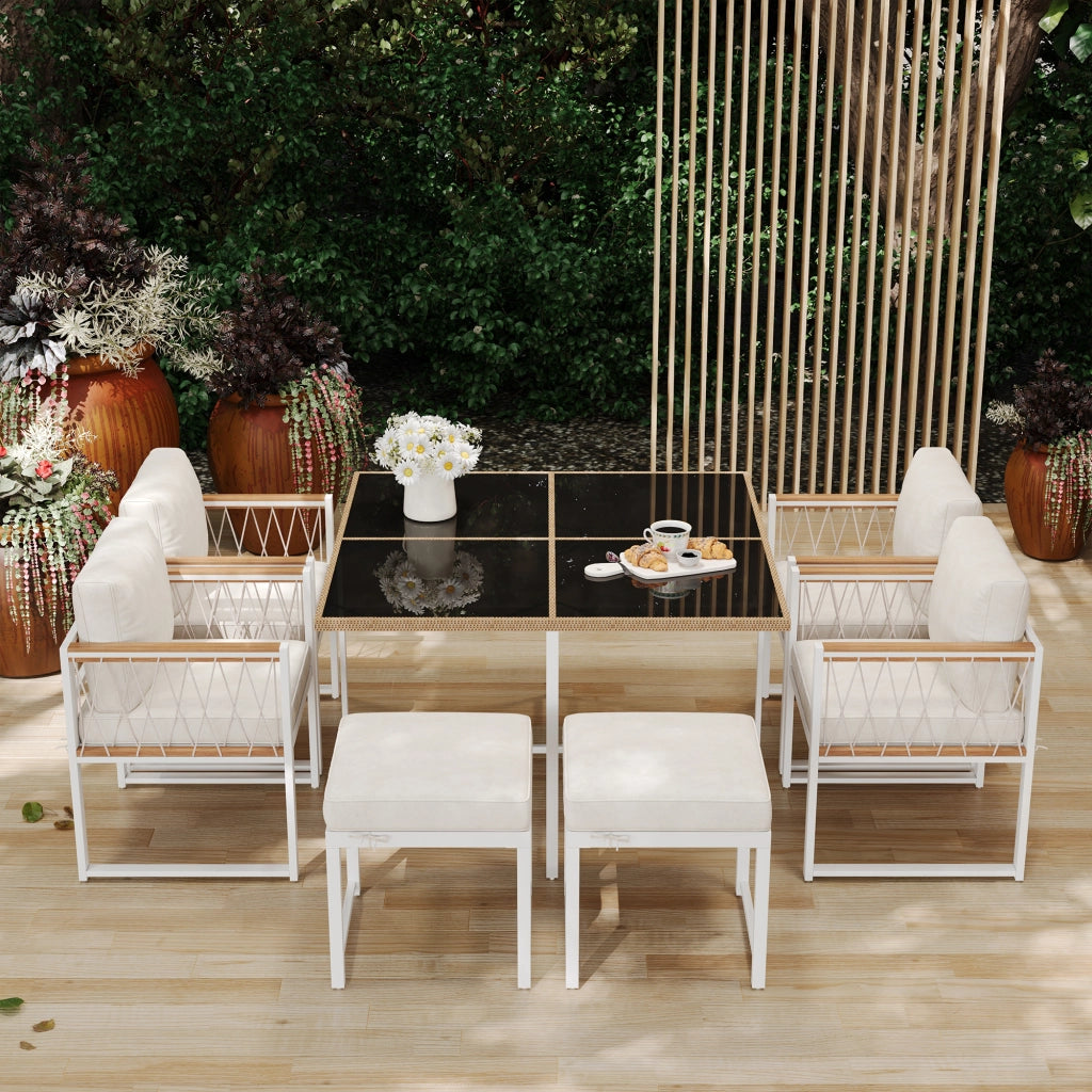 Tavolo; 4 Poltrone e 2 Poggiapiedi da Giardino per 6 Persone; Mobili da Esterno in Metallo; Rattan e Tessuto; Naturale e Bianco