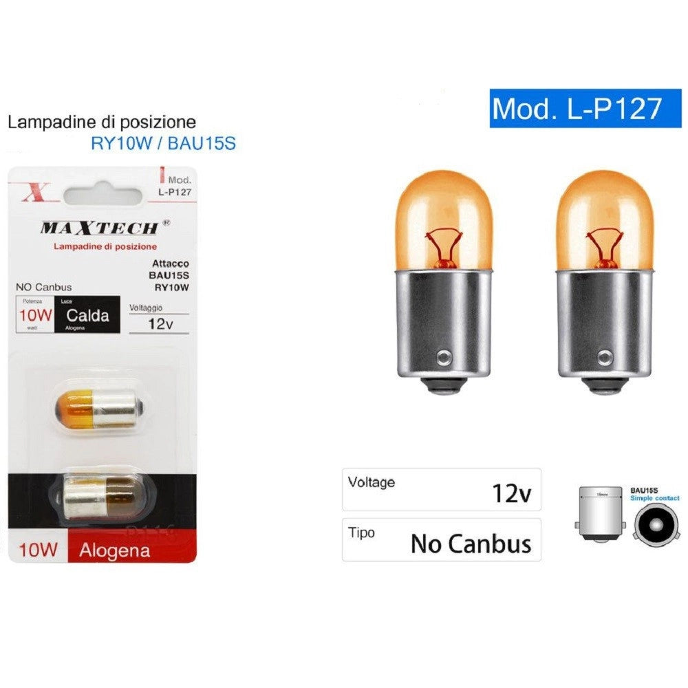 Trade Shop - Lampadine Posizione L-p127 Bau15s Ry10w Auto 12v 10w Luce Calda Alogena No Canbus -
