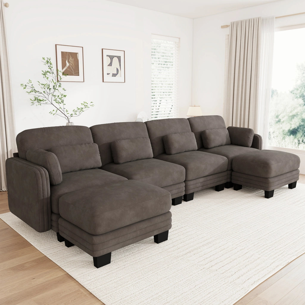Divano modulare a U 4 posti in ciniglia marrone; 330x143x88 cm