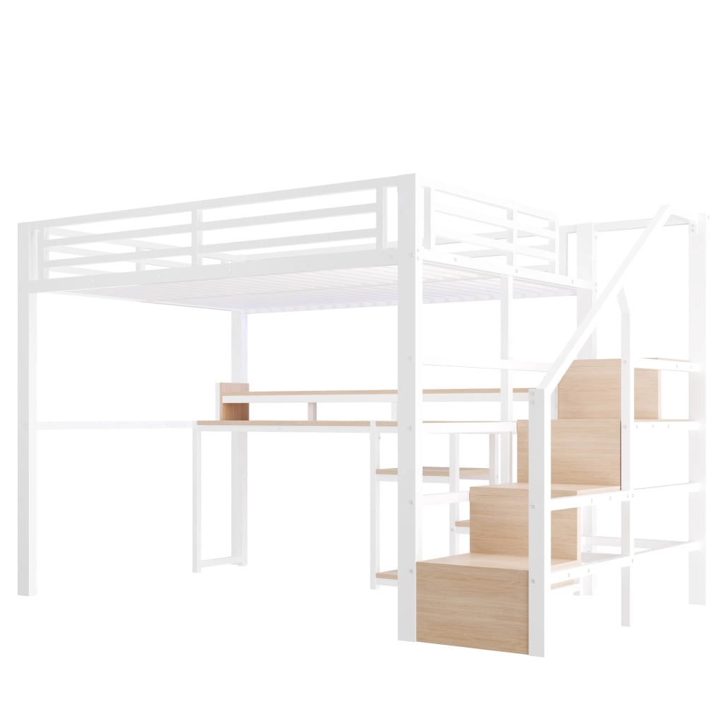Letto a soppalco 140x200 cm in metallo e MDF; con scala armadio; LED e porte USB; bianco