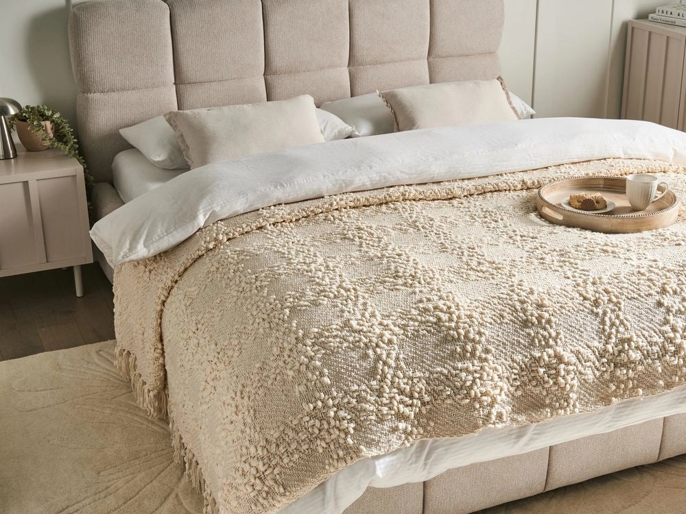 Coperta di cotone intrecciata con nappe 220 x 240 cm bianco sporco morbida classica