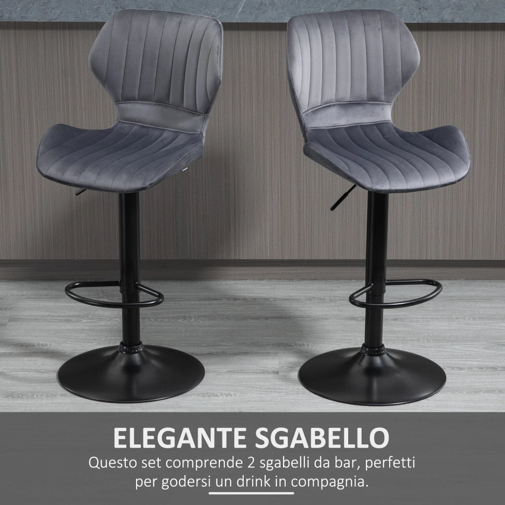 EasyComfort Set 2 Sgabelli da Bar ad Altezza Regolabile con Seduta Ergonomica e Poggiapiedi, Sgabelli Alti in Effetto Velluto e Metallo, 47x51.5x92-114 cm, Grigio