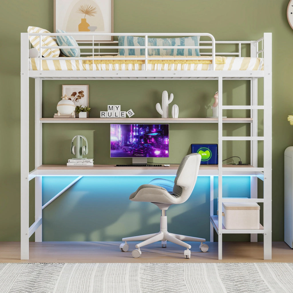 Letto a castello bianco con funzione di illuminazione LED usb e presa elettrica in metallo 90x200 cm