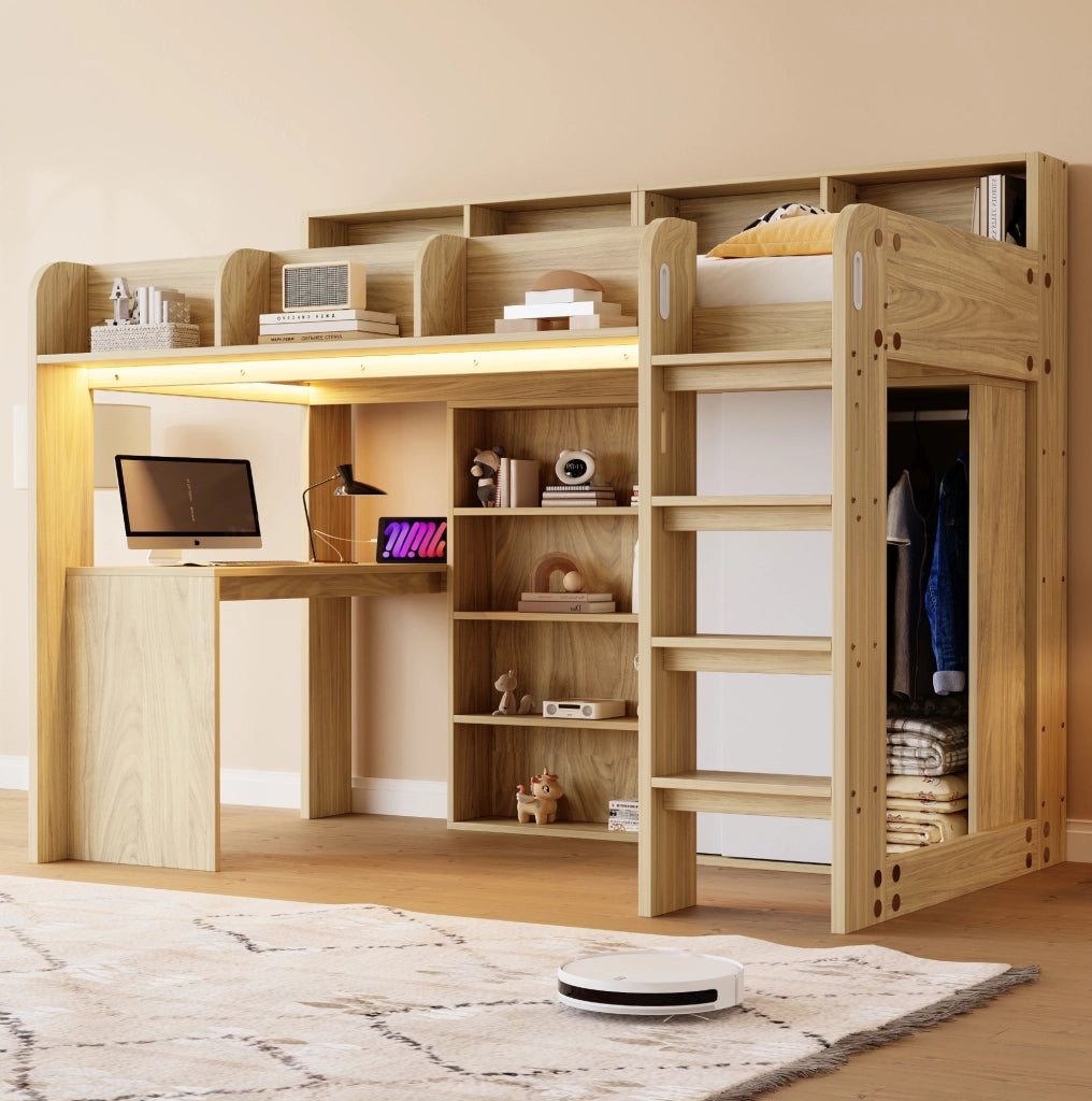 Letto a soppalco 90x200 cm con scrivania; armadio; ripiani; LED e presa; legno naturale