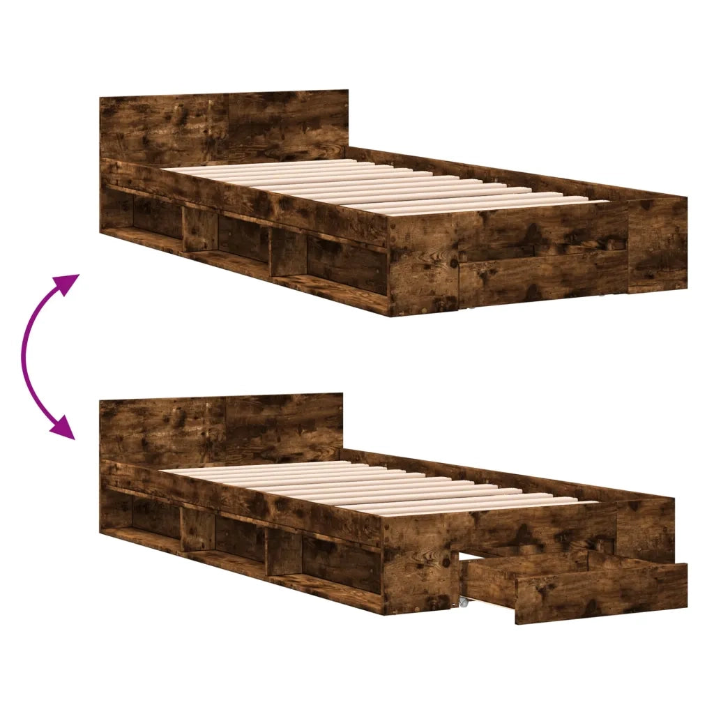 Letto singolo | Letto per adulti | Giroletto con Cassetto Rovere Fumo 75x190 cm Legno Multistrato
