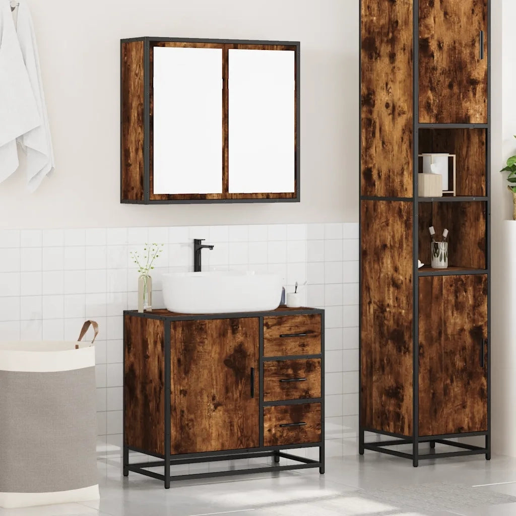 Set Mobili da Bagno 2 pz Rovere Fumo in Legno Multistrato