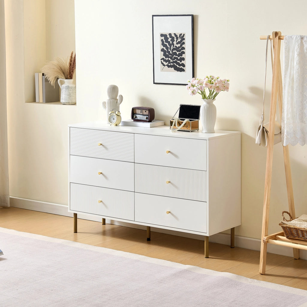 Cassettiera con 6 Cassetti e Gambe in Acciaio; Maniglie in Lega di Zinco; Stile Moderno; in MDF; 120??40??78 cm; Bianco
