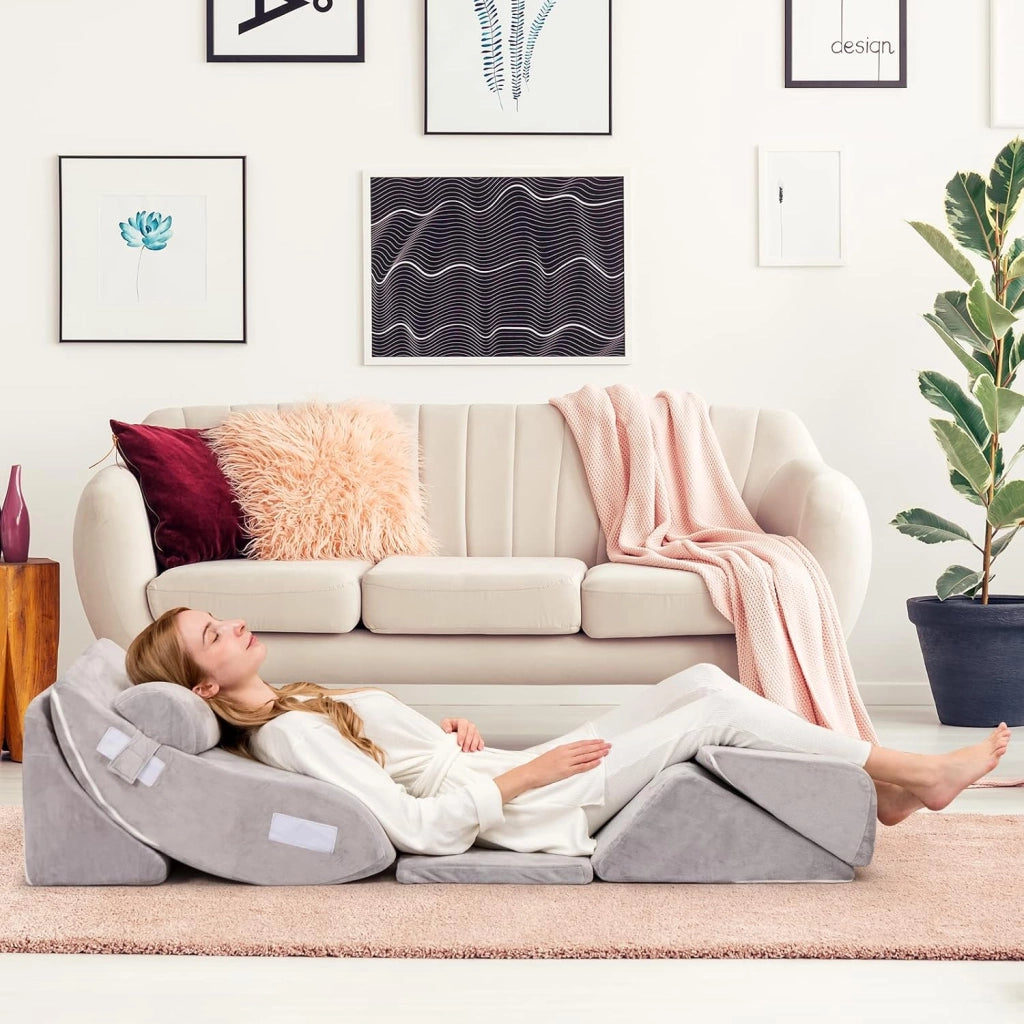 Set di 4/6 Cuscini Regolabili a Cuneo, Cuscino a Cuneo per Letto in Memory Foam, per Alleviare il Dolore alla Schiena Collo e alle Gambe, Poggiatesta Rimovibile, Grigio (6 Pezzi)