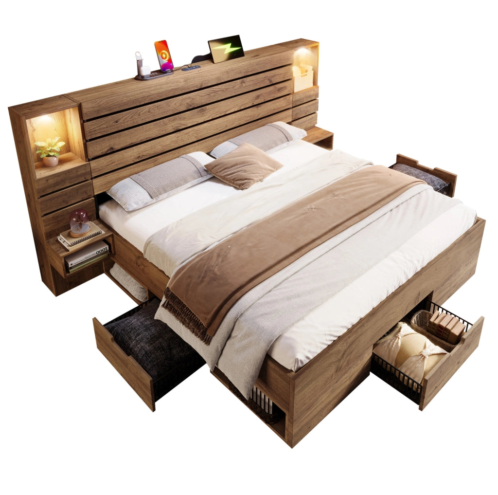 Letto matrimoniale 180x200 cm con LED, USB-C e cassetti contenitivi