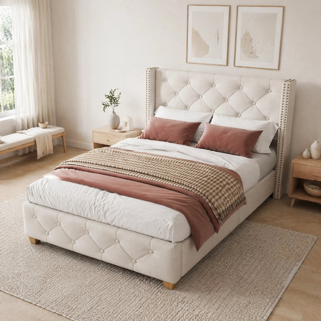 Letto imbottito 90x200 cm con rete a doghe, rivestimento in lino, testiera capitonné, beige