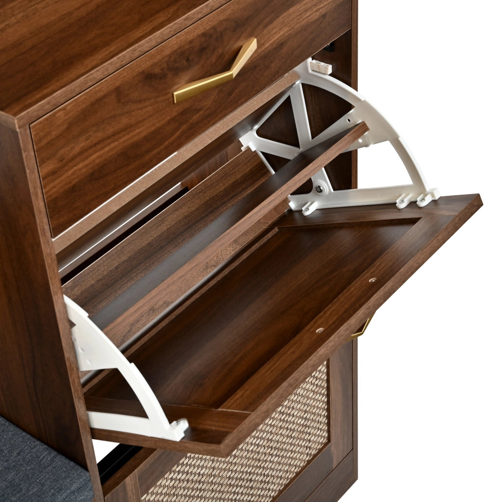 Guardaroba da ingresso 100x30x170 cm multifunzione con seduta; ante effetto rattan; MDF noce