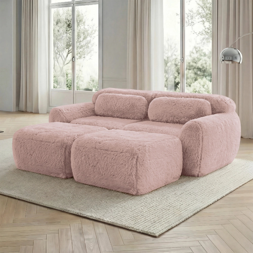 Divano Modulare 2 Posti con Ottoman ¨C MINIMAL ¨C Rosa, Tessuto Morbido