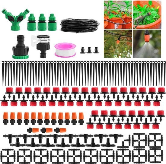 Irrigatieset per gocciolamento, 50 m, set di irrigazione per giardino, 201 pezzi, kit da assemblaggio, micro-irrigazione, regolabile, per giardino, serra, impianto di prato