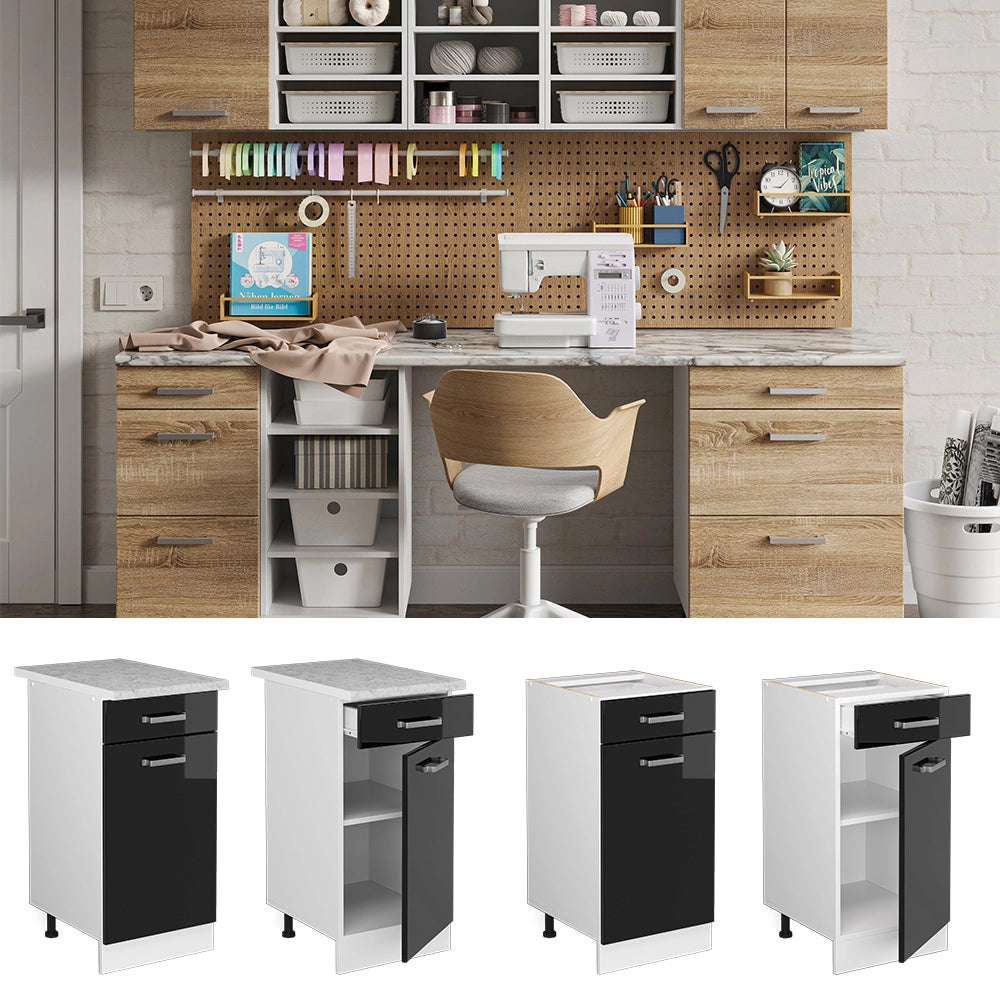 Vicco Base universale Nero lucido 40 cm con cassetto, con piano di lavoro