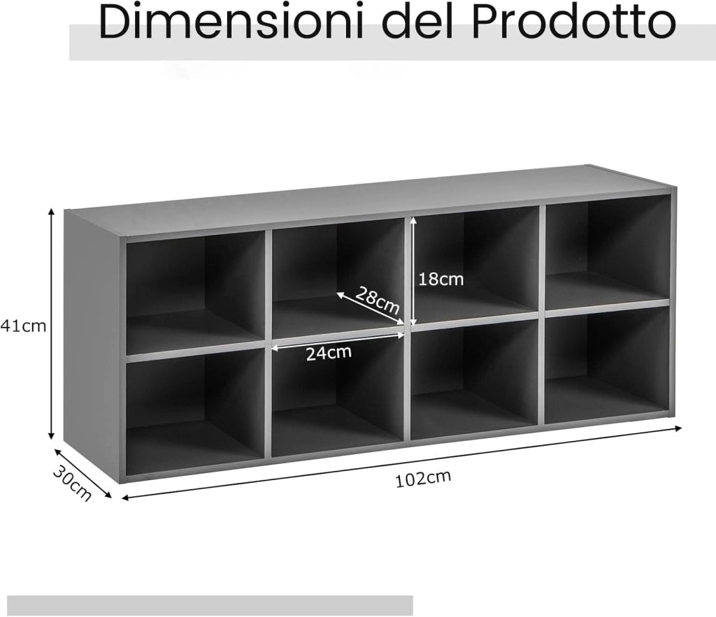 Panca Scarpiera per Ingresso, Panca Contenitore con 8 Scomparti Aperti, Scaffale Portascarpe Capacità di Carico di 230 kg, per Ingresso, Corridoio, Soggiorno, 102x30x41 cm (Grigio)