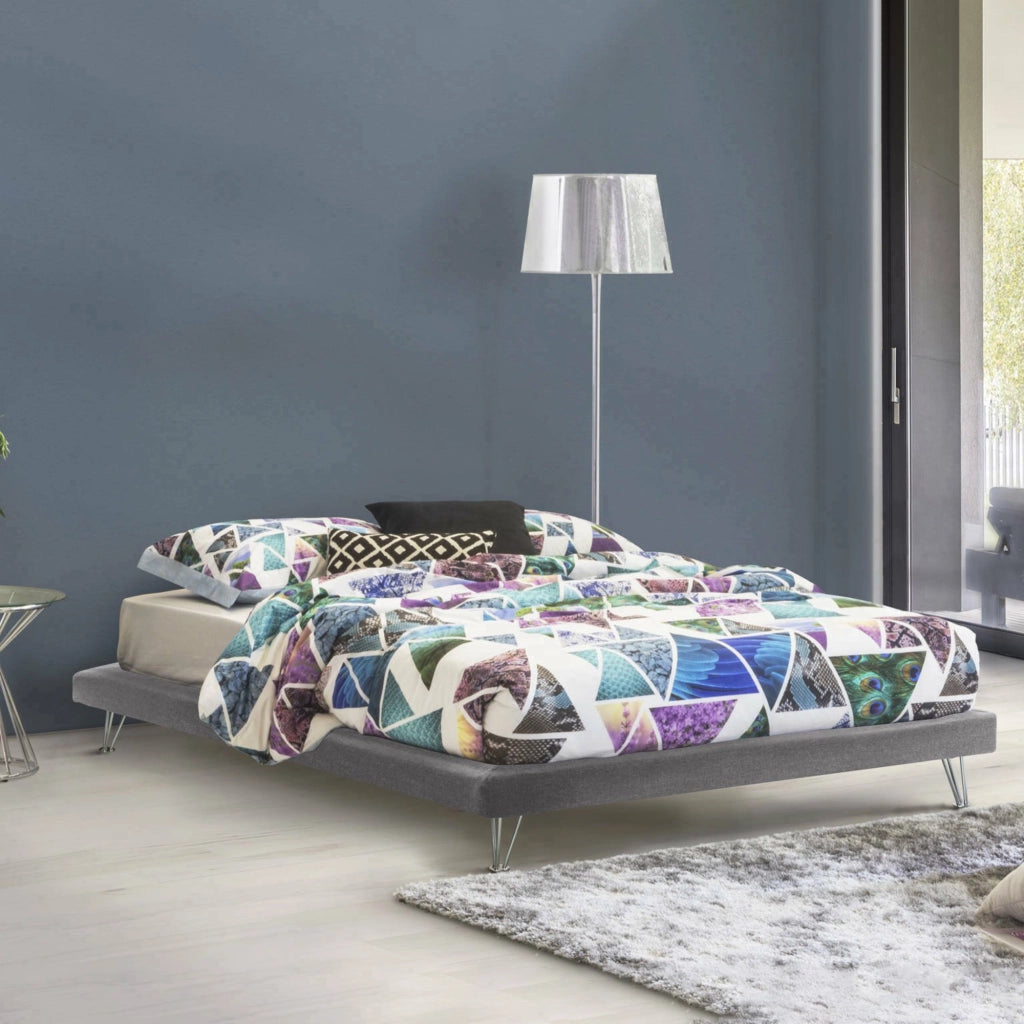 Letto matrimoniale Arbatrax, Letto fisso in tessuto con piedini, Made in Italy, adatto per materasso cm 160x190, Grigio